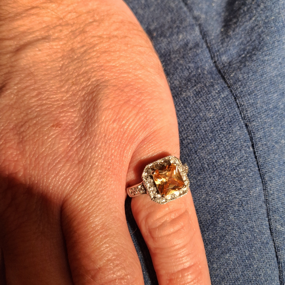 Sterling Silver Citrine Halo Ring with Clear Accents - Yellow Stone $45
